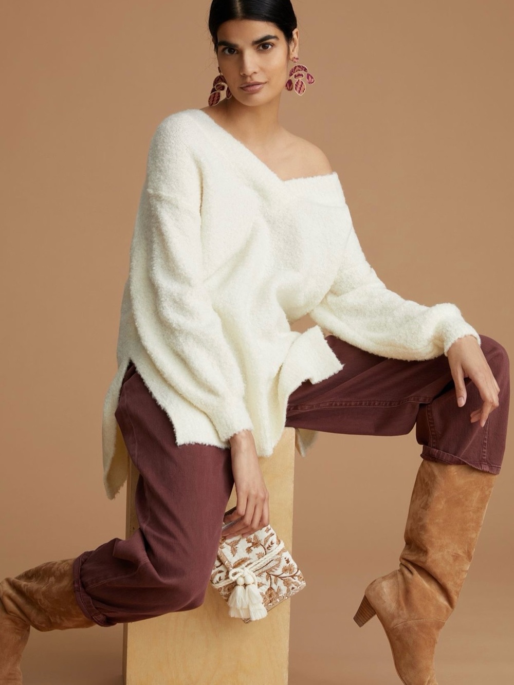 Anthropologie Pilcro Teddy Cozy Off-Shoulder Cream Sweater
